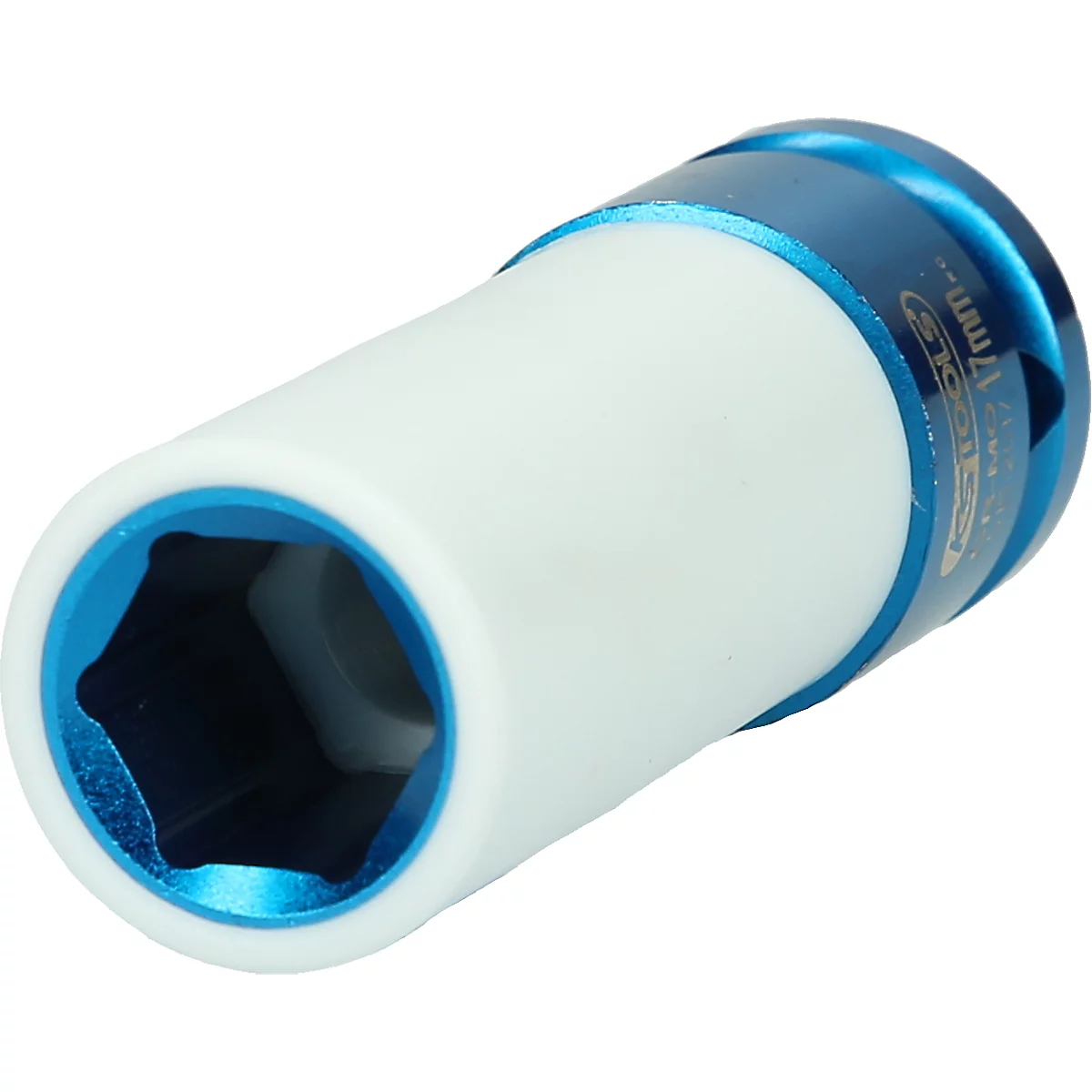 Eine weisse, blaue und schwarze 17mm-Steckschlüssel-Nuss. Das Werkzeug hat eine sechseckige Öffnung. Auf dem blauen Teil steht "KS TOOLS".